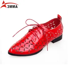 3MMA Spring Summer Women Lace Up Derby Shoes Women Pointed Toe Patent Leather Casual Shoes Hollow Flats Ladies Shoes Size 34-43
