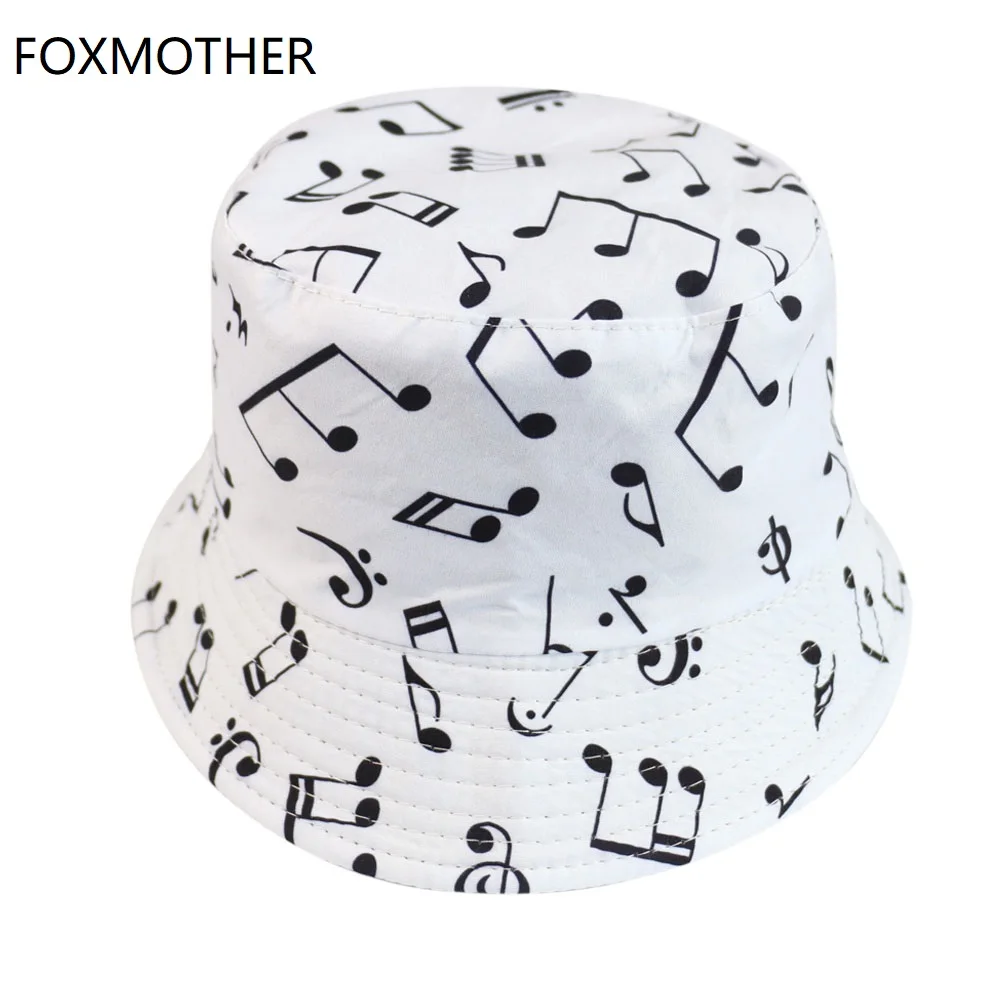 FOXMOTHER New White Music Note Bucket Hats Sun Caps Man Womens Music Lover