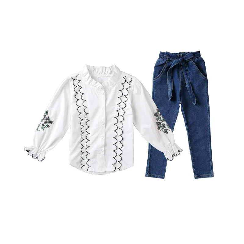 Комплект одежды для детей Новинка осени года, детская кружевная рубашка с длинными рукавами и принтом в Корейском стиле для девочек+ джинсовые штаны комплекты из 2 предметов
