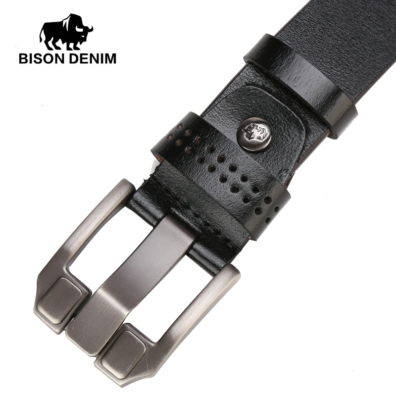 Мужской винтажный кожаный ремень BISON DENIM черный из воловьей кожи с классической