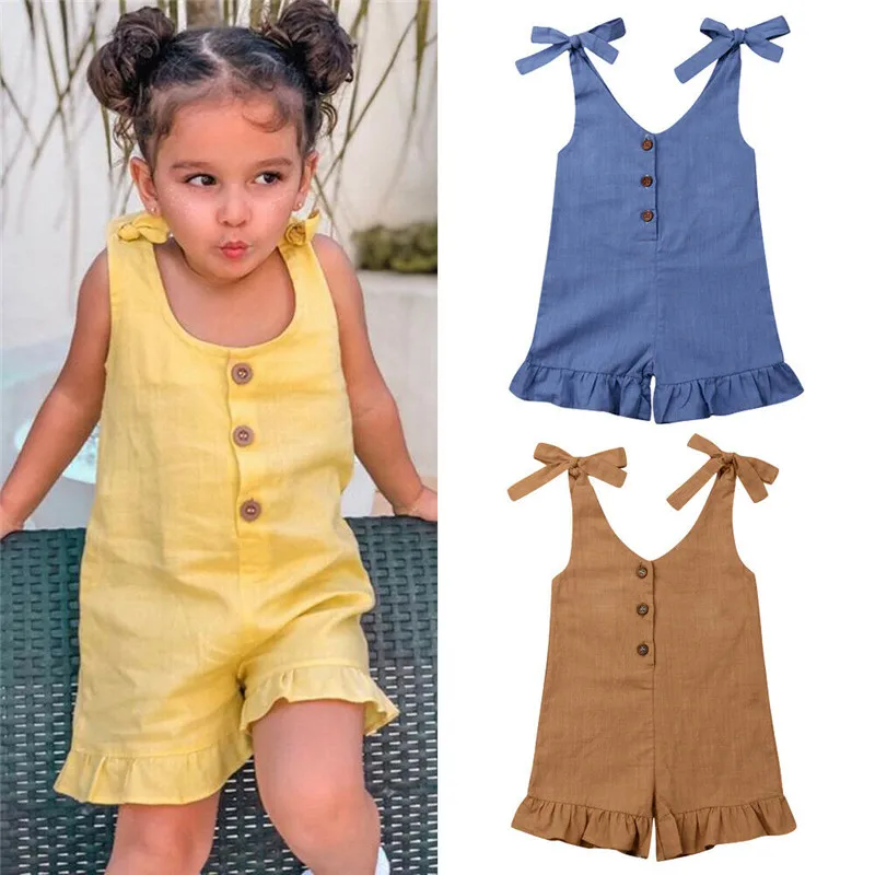 

Brief Kids Baby Girl Cotton Linen Rompers Summer Solid Strappy Lace-up Ruffled Playsuit V-Neck Button Child Girls Sunsuits 1-6Y