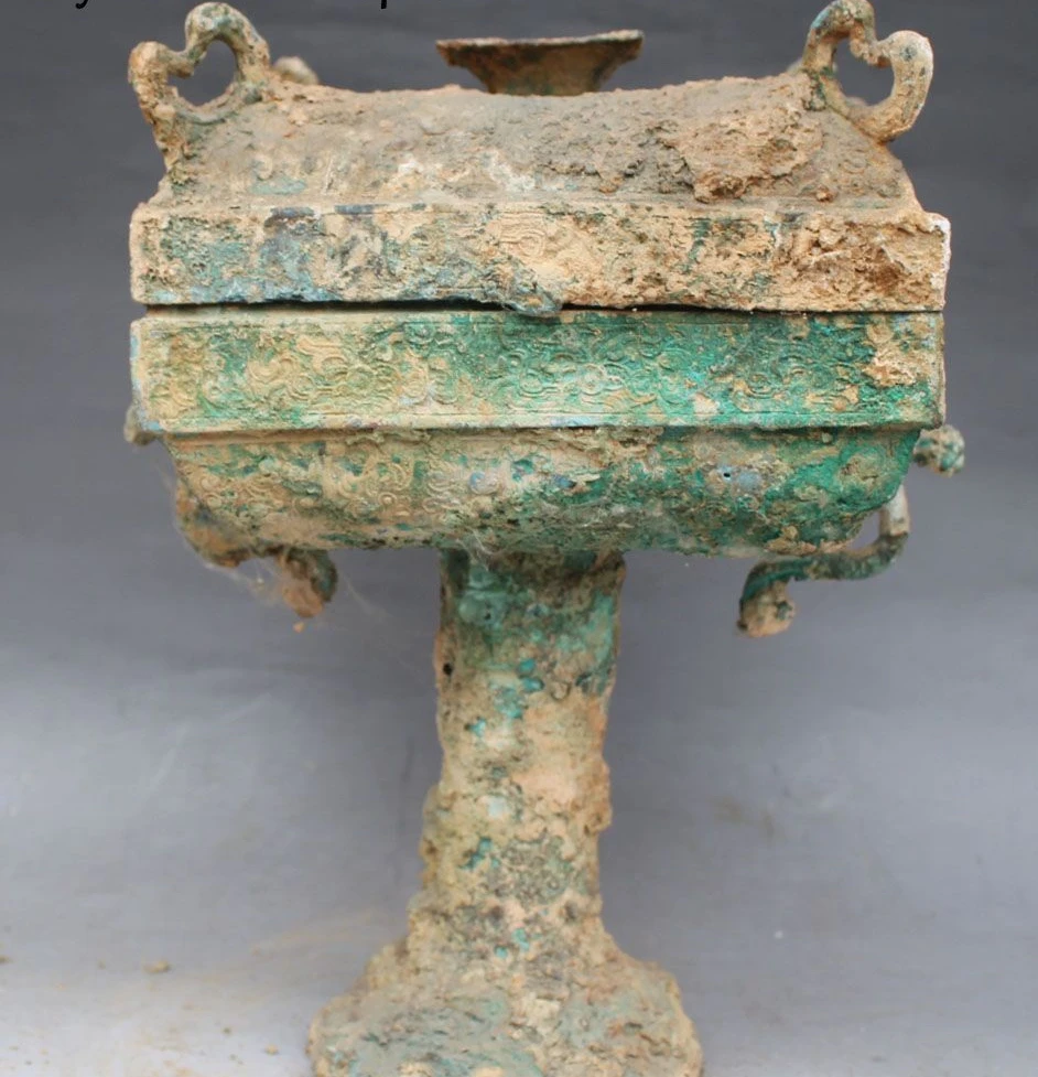 

FREE SHIPPING 14" Antique Bronze Ware Dynasty Food Container Sacrificial vessel Pot Dou