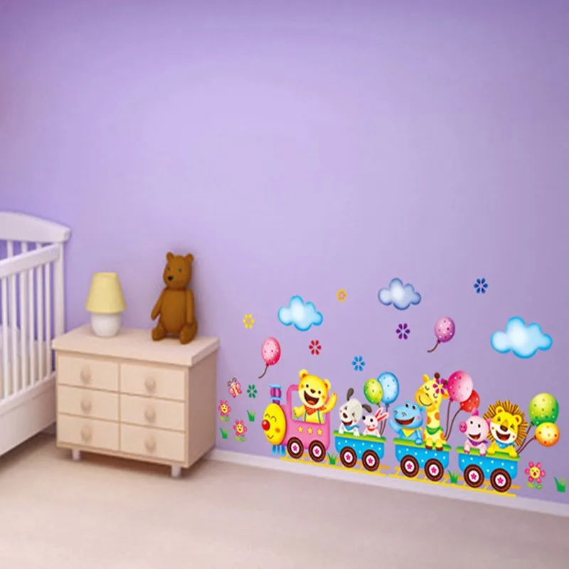 Cute Cartoon Animals Train Wall Sticker for Nursery Decor Baby Kids