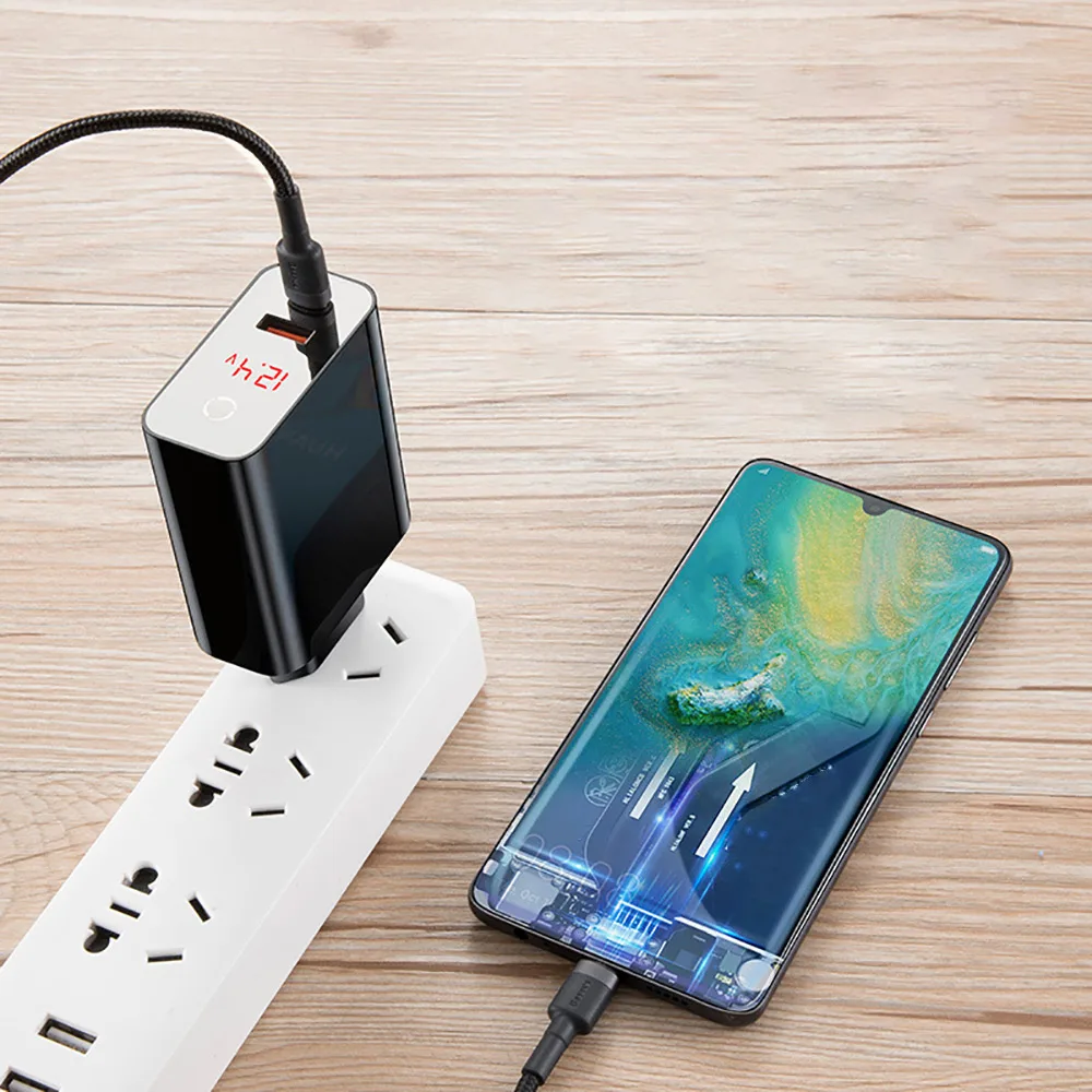 

Dual USB Port Type-C LED Display Phone 45W Wall Charger EU Plug Smart Power Off Digital Display Advanced Design Quick Charger