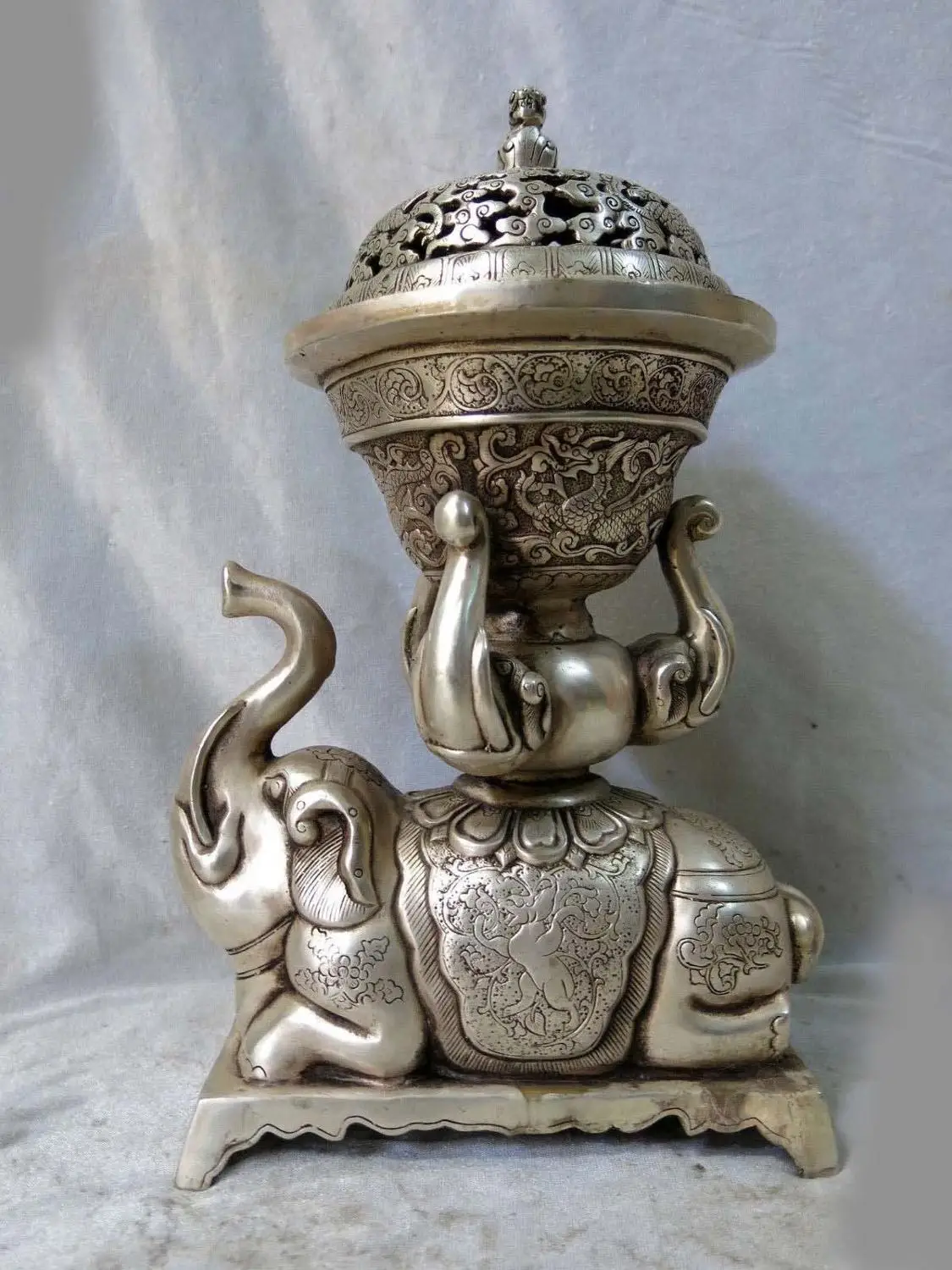 

Fine silver censer China carved beautiful dragon elephant incense burner Statue