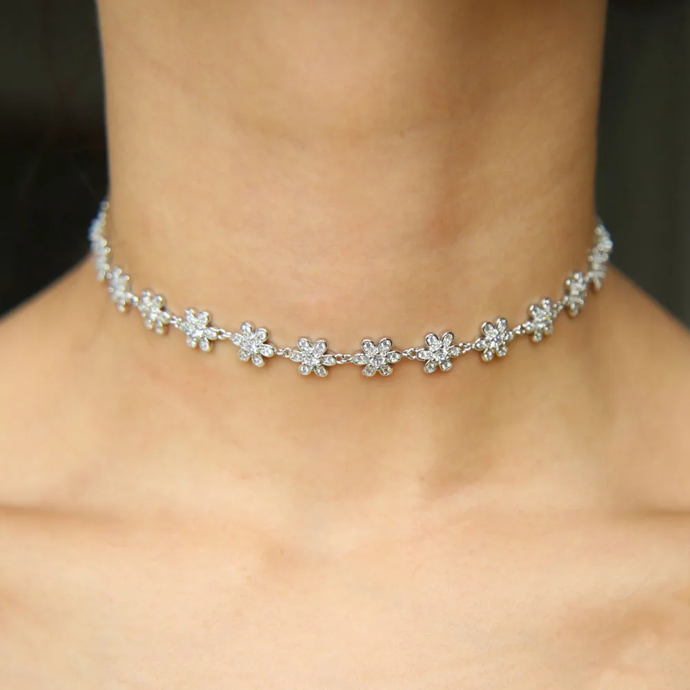 Fashion Silver minimalist cz flower charm Choker Necklace multi layer