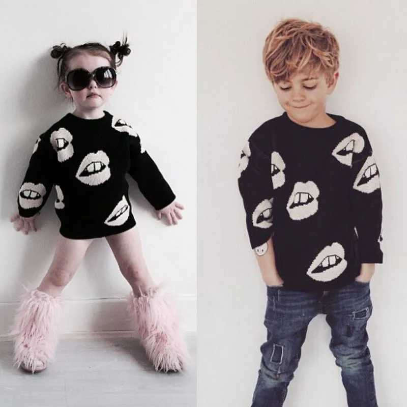 

New Spring Autumn Kids Boy Girls Women Sweater Fashion Lips Printed Thick Jumper Pullovers Sweater Baby Girls Clothes Tops