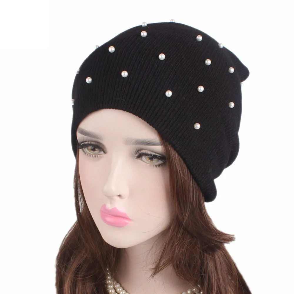 

Women Winter Hat Cap Women Beanies Knitted Pearl Beanies Winter Hats Women Keep Warm Skullies Hats Female #815