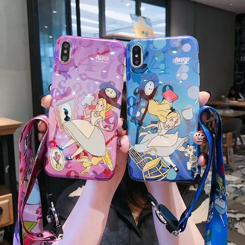 

maosenguoji Blu-ray funny cute cartoon Alice in Wonderlan neck rope Mobile Phone Case for iphone 6 6s 7 8 plus X XR XS MAX cover