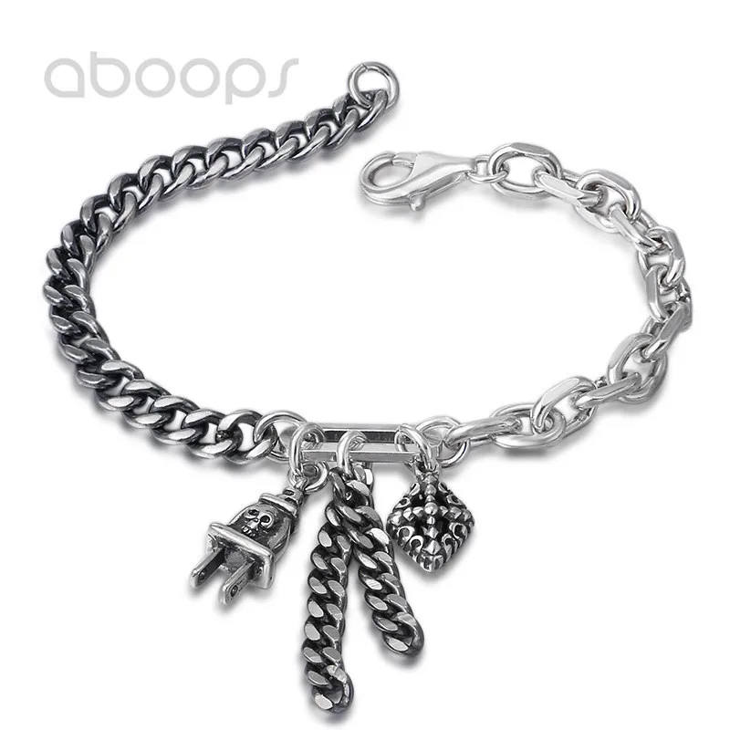 

Vintage 925 Sterling Silver Link Chain Bracelet with Plug Cross Charms for Women Girls 17cm Free Shipping