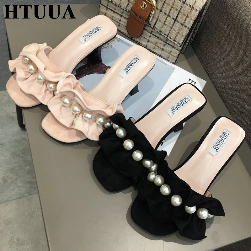

HTUUA New 2019 Korea Fashion Ruffles Pearl Sippers Women Heel Slides Summer High Heels Outside Beach Mules Shoes Woman SX2519