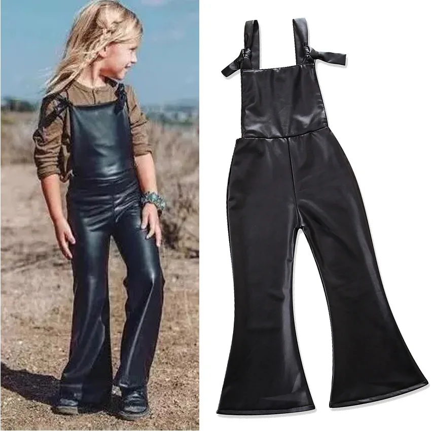 

2018 New autumn gallus trousers girls black PU leather pants top quality baby kids boot cut jeans spring girls overalls 17N1120