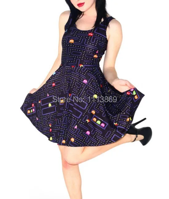 

knitting casual Dress new 2015 galaxy 3D Print fashion women summer dress sexy party Dress PAC-MAN Chiko Man Skater Dress