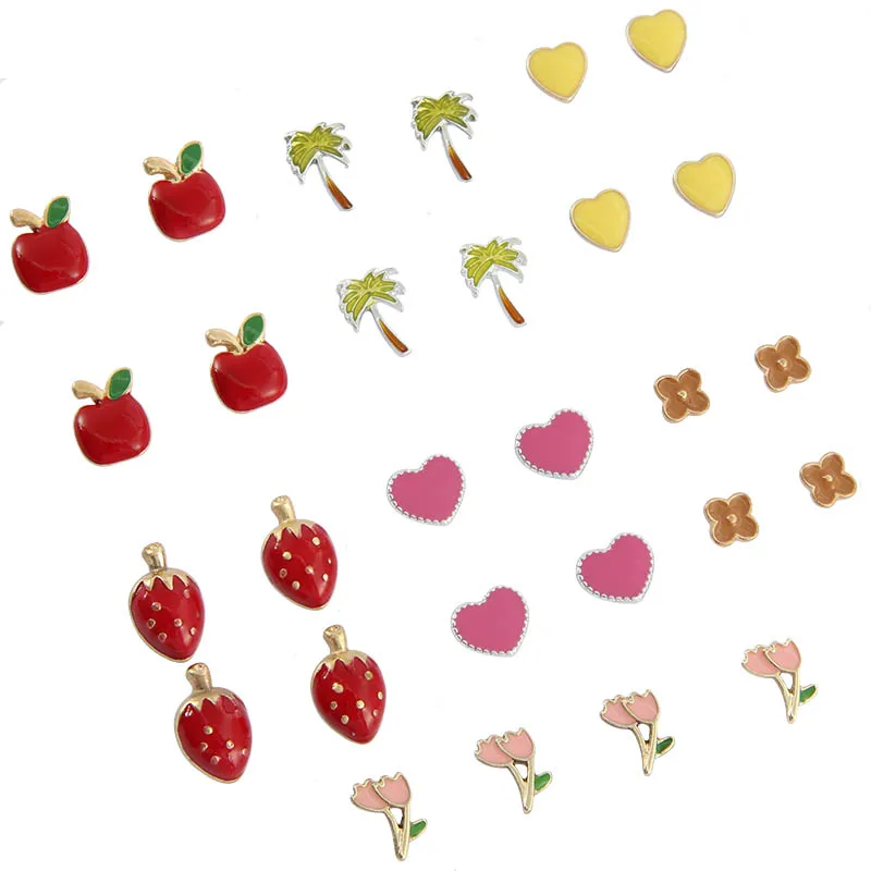 

YANG&RH Lovely Children Fruit Plant Enamel Stud Earrings For Women Cute Apple Plam Tree Sweet Heart Strawberry Flowers Ear Gift