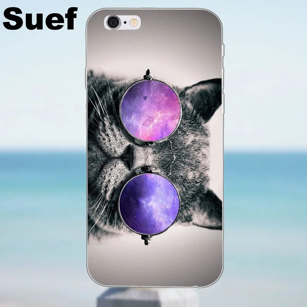 Suef Мягкий ТПУ дизайн кошка с очками для iPhone 4 4S 5 5S 5C SE 6 6S 7 8 Plus X Samsung Galaxy A3 A5 J1 J3 J5 J7 2016