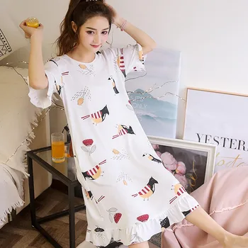 

2019 Summer Short Sleeve Thin Nightgown for Women Print Loose Sleepwear Femme Home Dress Night Dress Nightdress nightwear Nighty