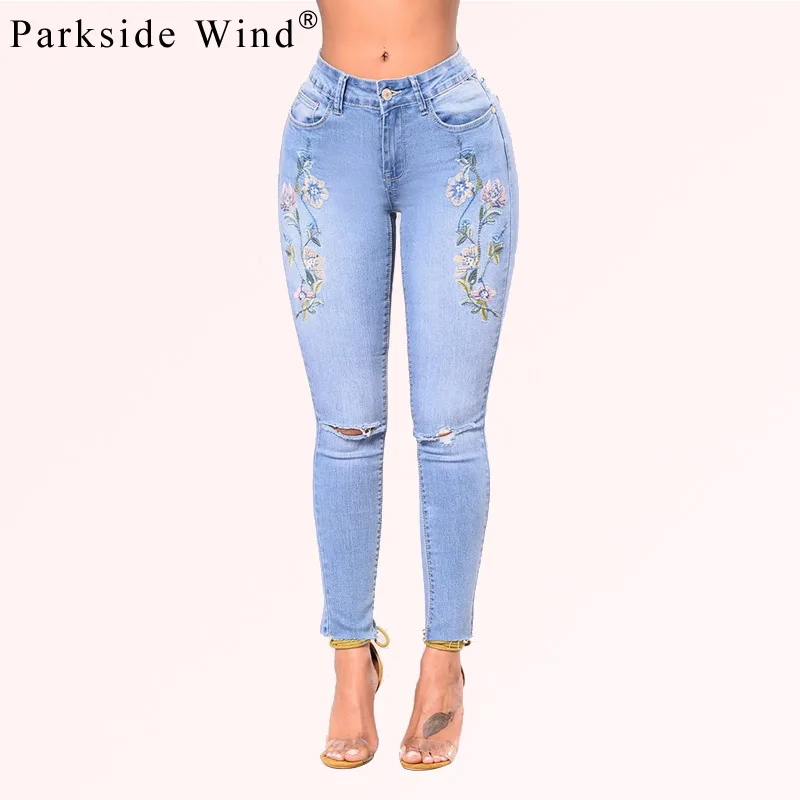 Parkside Wind Ripped Jeans Women Street Denim Embroidery Jeans Holes 