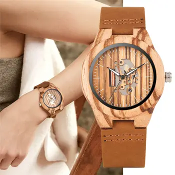 

Attractive Hollow-out Core Wooden Watches for Women Fashion Leather Luminou Pointers Quartz Wooden Wristwatch Analog reloj mujer