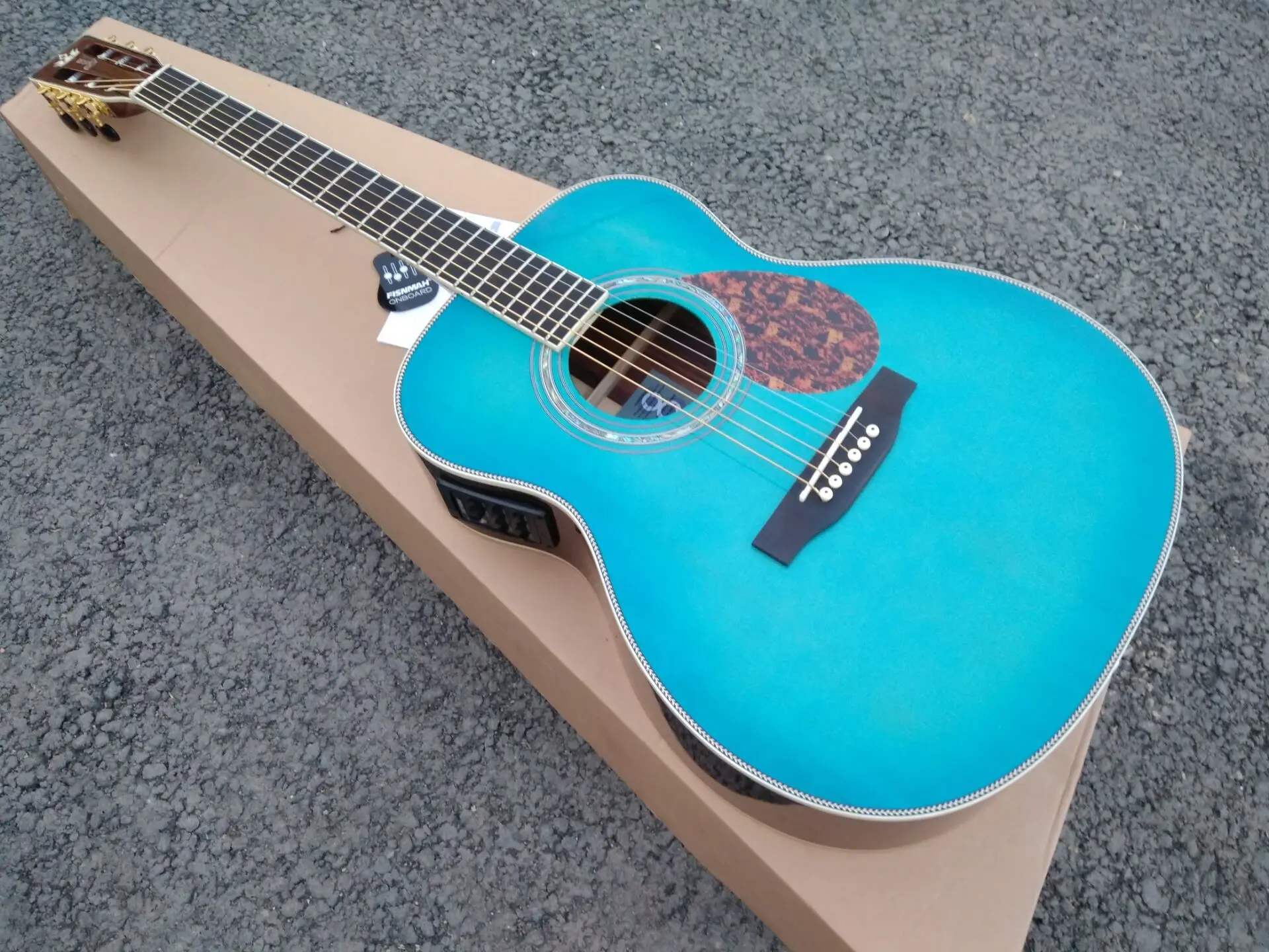 

free shipping top quality satin blue solid acoustic guitars Ebony Fretboard OM full size acoustic electric Guitar