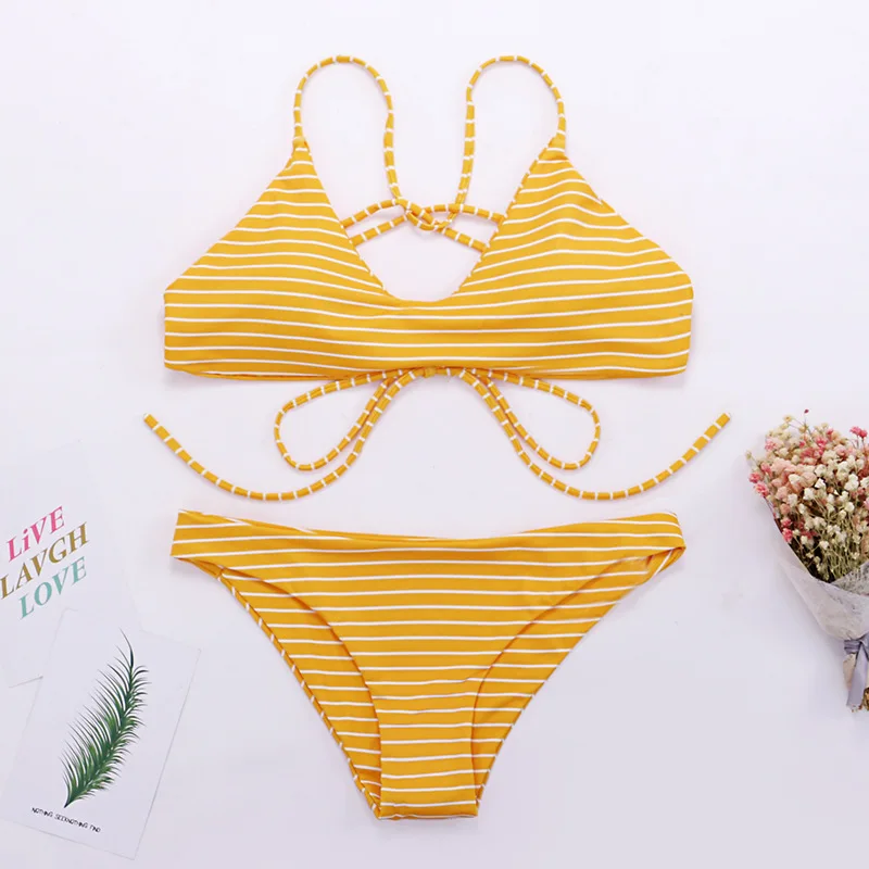 

Roseheart Summer Yellow Sexy Bikini Set Women Swimsuit Bikini Cross Straps Swimwear Low Waist Bathing Suit Female Beach Style