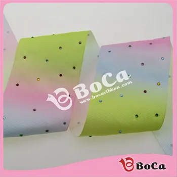 

free shipping ,50 yards wholesale 75mm colorful rhinstones with rainbow heat transfer design , good quality for big bows