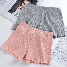 Dames femmes été pantalons de sécurité fil côtelé rayé sans couture sous-vêtements extensibles couleur unie ébouriffé Agaric ourlet Boxer Shorts