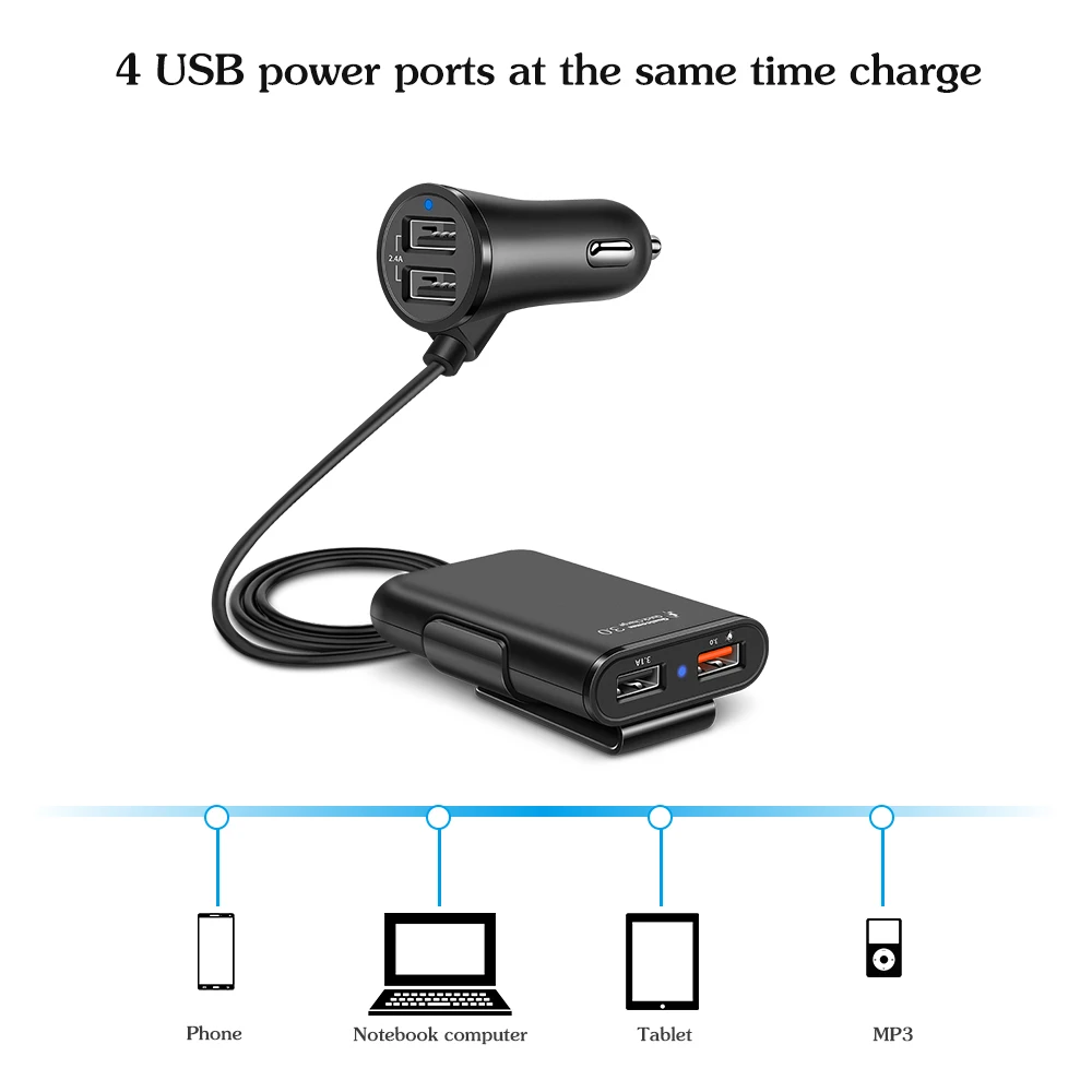 Автомобильное зарядное устройство Onever с 4 USB портами и удлинителем на