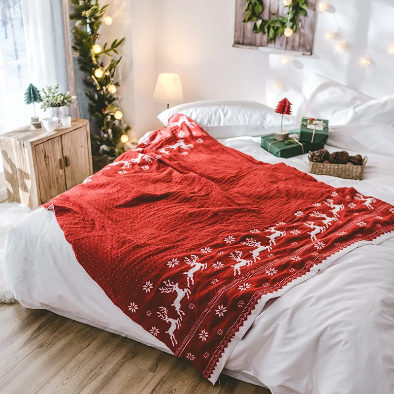 LYN& GY, рождественское вязаное одеяло Elks, красный, серый, акриловый чехол со снежинками на диван-кровать для дома, пледы, покрывала, украшение на год