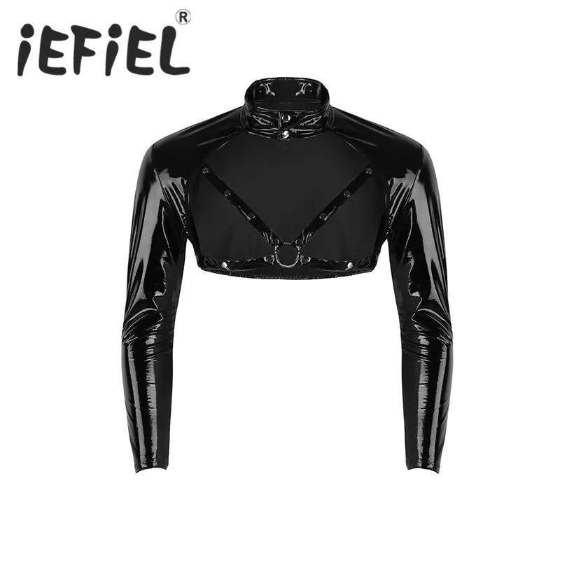 IEFiEL, модный мужской, Wetlook, искусственная кожа, майка, жилет, жгут, Клубная одежда, сценический костюм, кроп-топы, длинный рукав, половина майки