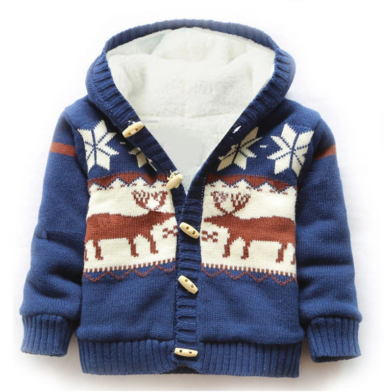 Зимний модный простой и элегантный рождественский детский свитер с капюшоном и рисунком лося пальто Plus Villus TST0127 - Цвет: navy blue