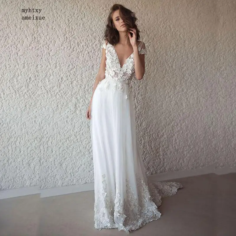 Привлекательное дешевое свадебное платье-бохо с низким вырезом на спине белое пляжное свадебное платье с аппликацией, платье с кружевами и v-образным вырезом на шее платье принцессы, невесты