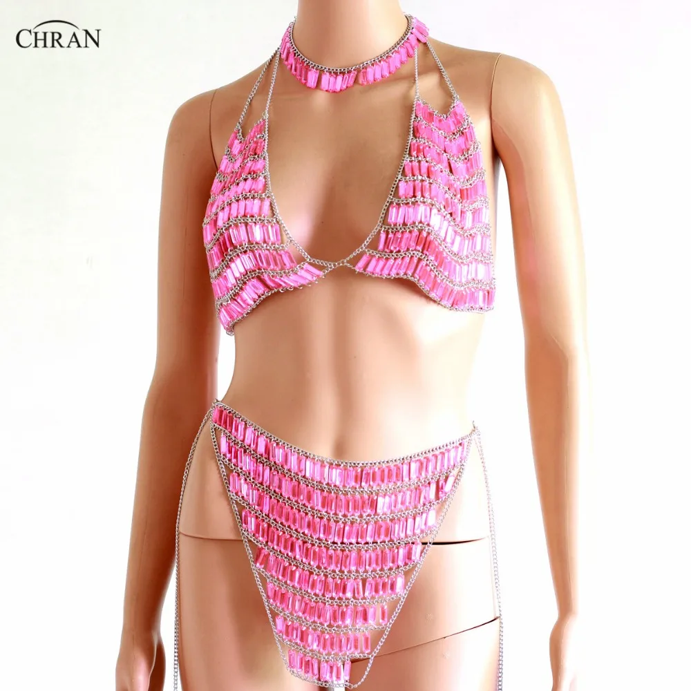 

Chran Beads Crop Top Chainmail Bra Choker Necklace Hot Pink Mini Skirt Body Lingerie Set Festival Outfit Holiday Jewelry CRS505