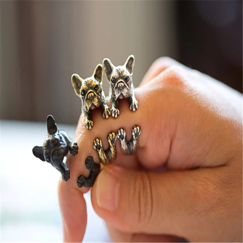 

CHENGXUN European Style Animal Rings Handmade French Bulldog Wrap Rings for Kids Best Friend Three Color to Choose