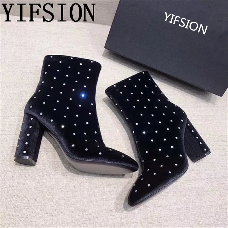 

OLOME New Black Genuine Leather Velvet Women Boots Round Toe Side Zip Thick High Heel Women Autumn Winter Boots Shoes Woman