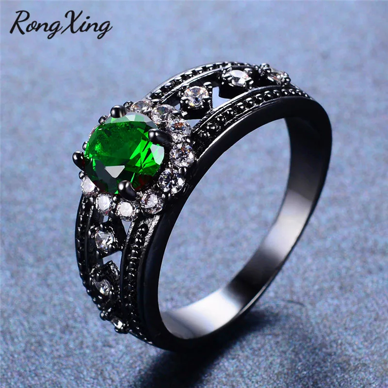 RongXing камень для родившихся в мае круглые кольца для Для женщин мужские черные золотое покрытие Циркон зеленый цветок палец кольцо ювелирные изделия аксессуары RB1325
