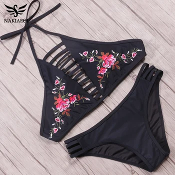 

NAKIAEOI 2019 Sexy Halter Bikini Push Up Swimwear Women High Neck Embroidery Swimsuit Bathing Suits Brazilian Bikini Set Biquini