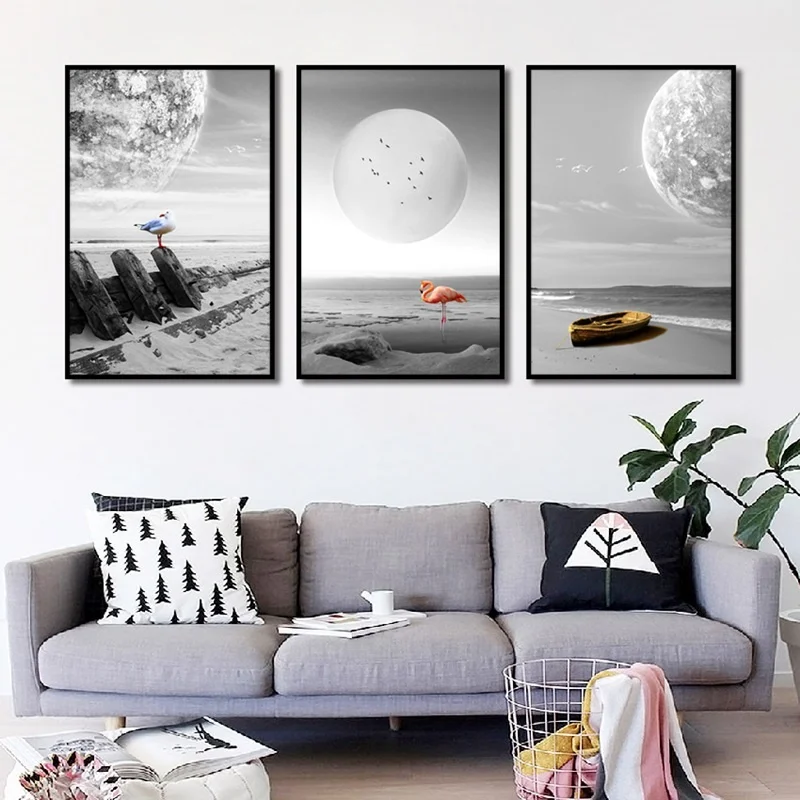 

Nordic Black and White Flamingo Canvas Paintings Modular Landscape Wall Art Picture for Living Room Home Decoration No Frame
