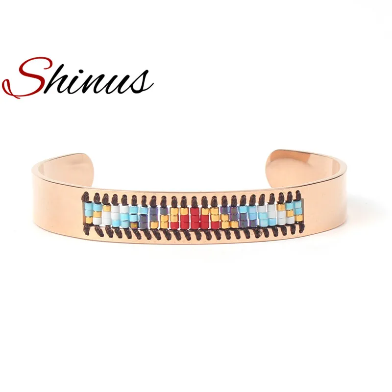 

Shinus New Trendy Cuff Bangles Bracelet Men Bracelets Women Indian Love Jewelry Rose Gold Color Stainless Steel Miyuki Seed Bead
