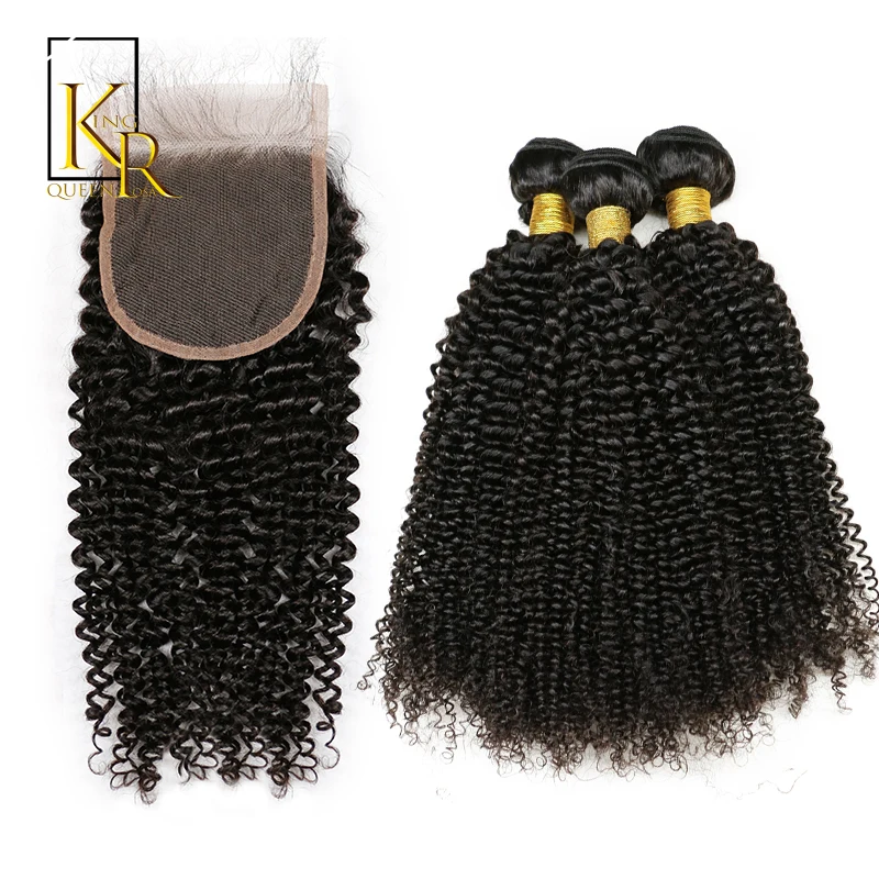 

3 Bundles With Closure Remy Brazilian Kinky Curly Weave Human Hair Extension Plus 1PC Lace Closure Pre Plucked King Rosa Queen