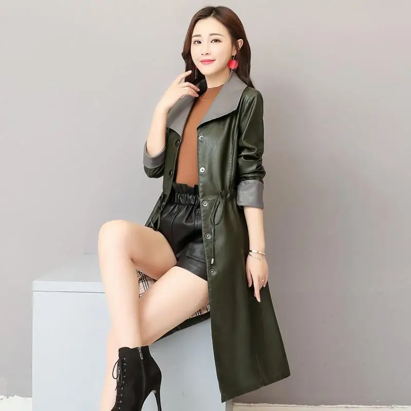 New Women Vintage Long Single Breasted Sheep Leather Trench Female Turn-down Collar Plus Size Slim Outerwear Windswear
