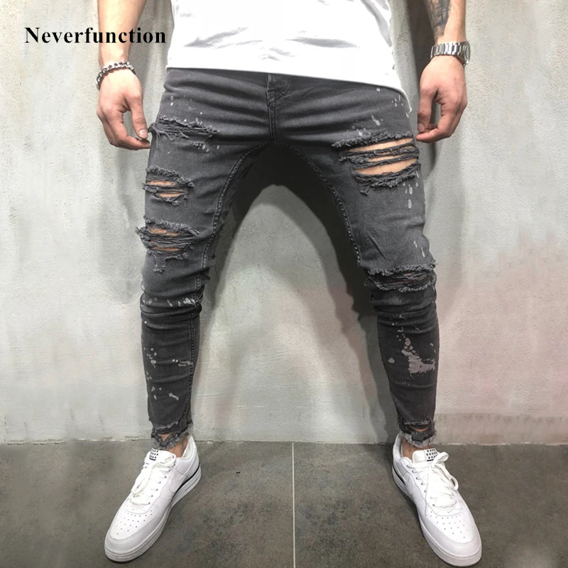 Men Splashing ink streetwear Vintage gray Ripped Skinny Jeans Hip hop ...