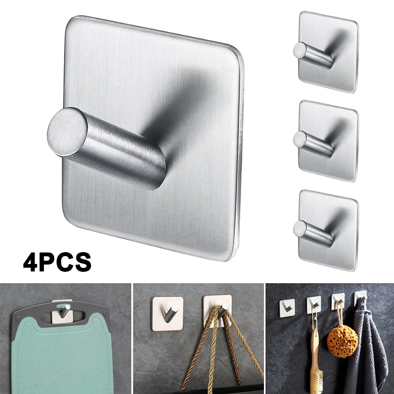

4Pcs Stainless Steel Self Adhesive Hooks Towel Rack Home Bathroom Wall Hook QJS Shop