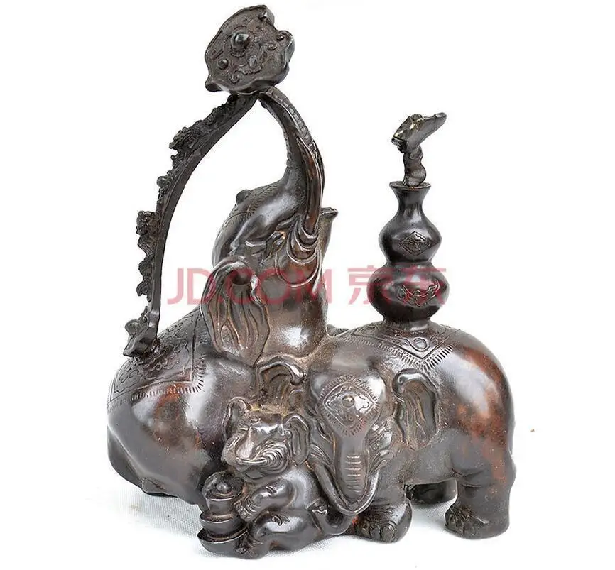 

China Folk Bronze FengShui RuYi YuanBao 3 Elephant Family Bronze Statue Animals