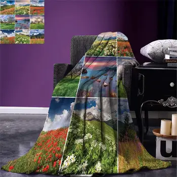 

Summer Throw Blanket Collage with Nine Different Square Framed Freshening Summer Landscapes Rural Nature Warm Microfiber