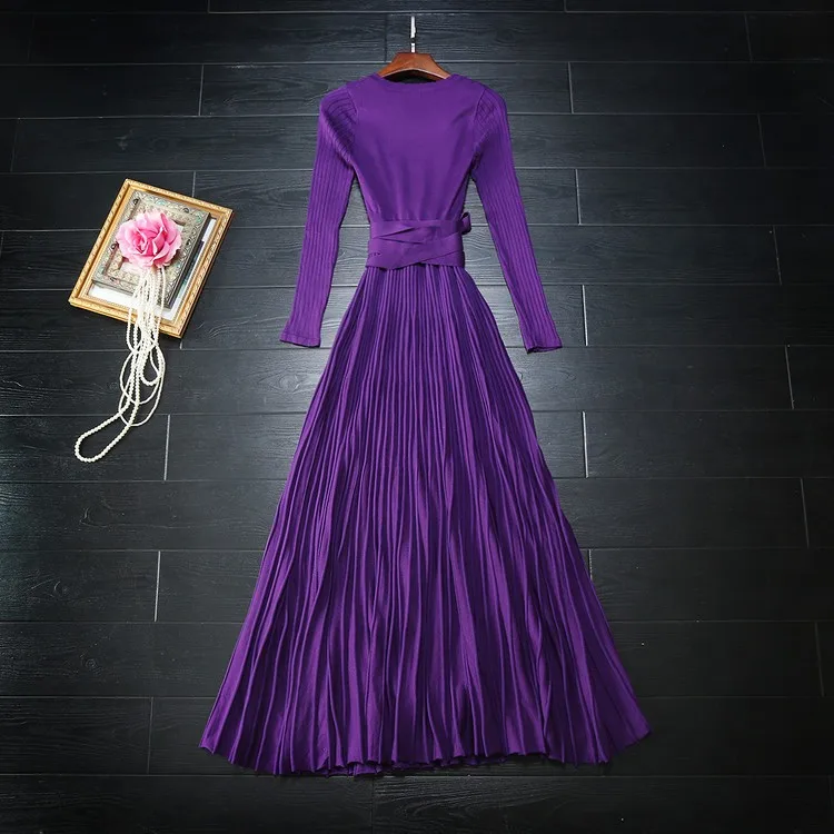 Высокое качество новейшее модное дизайнерское Макси Платье женское с длинным рукавом v-образным вырезом повседневное вязаное длинное платье