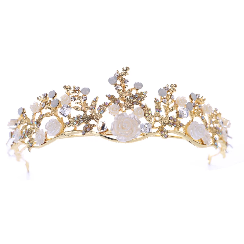 

Gorgeous Vintage Gold Wedding Rose Flower Pageant Tiaras Crowns Crystal Bridal Women Hair Jewelry Accessories Headpiece Ornament