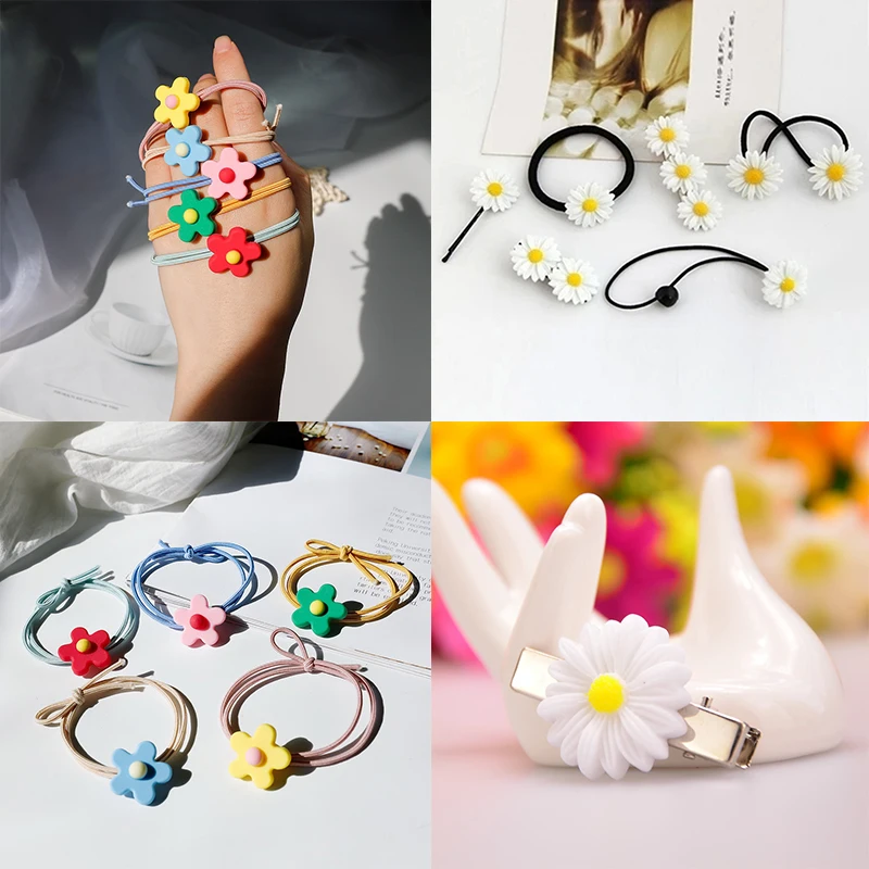 

5pcs Small Fresh Daisy Flowers Hairpin Barrettes Cute Flower Bow Girls Elastic Rubber Bands Headwear Hair Accessories For Women