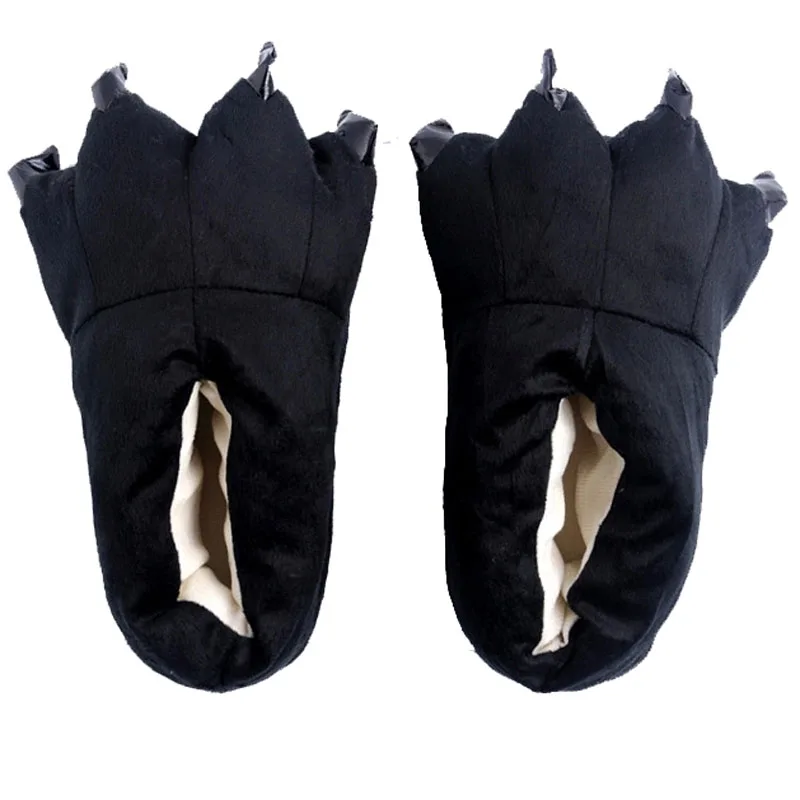 Дешевые мягкие Тапочки унисекс в виде лап животного; тапочки с коготками для костюмированной вечеринки; плюшевые зимние теплые домашние Тапочки - Цвет: black slippers