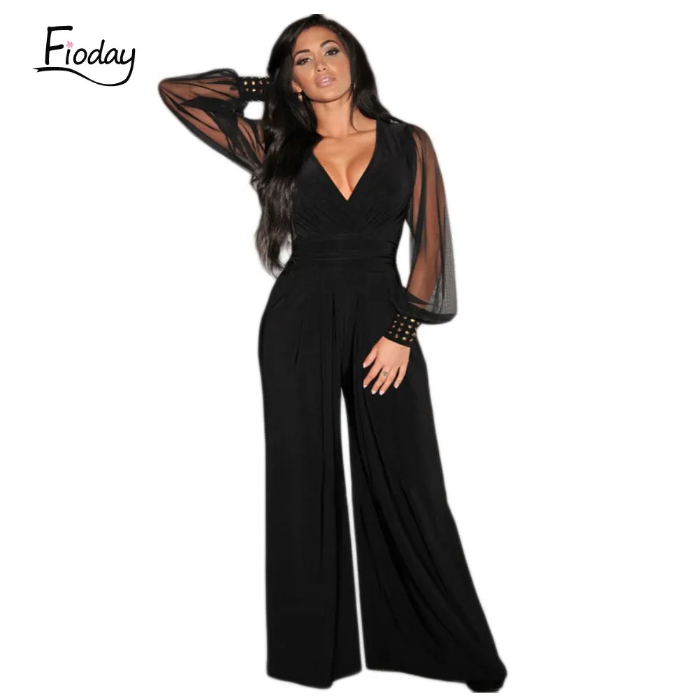 

Fioday Black Mesh Jumpsuit Women V-Neck Long Sleeve Summer Jumpsuit 2018 Office Work Wear Elegant Wide Leg Jumpsuit