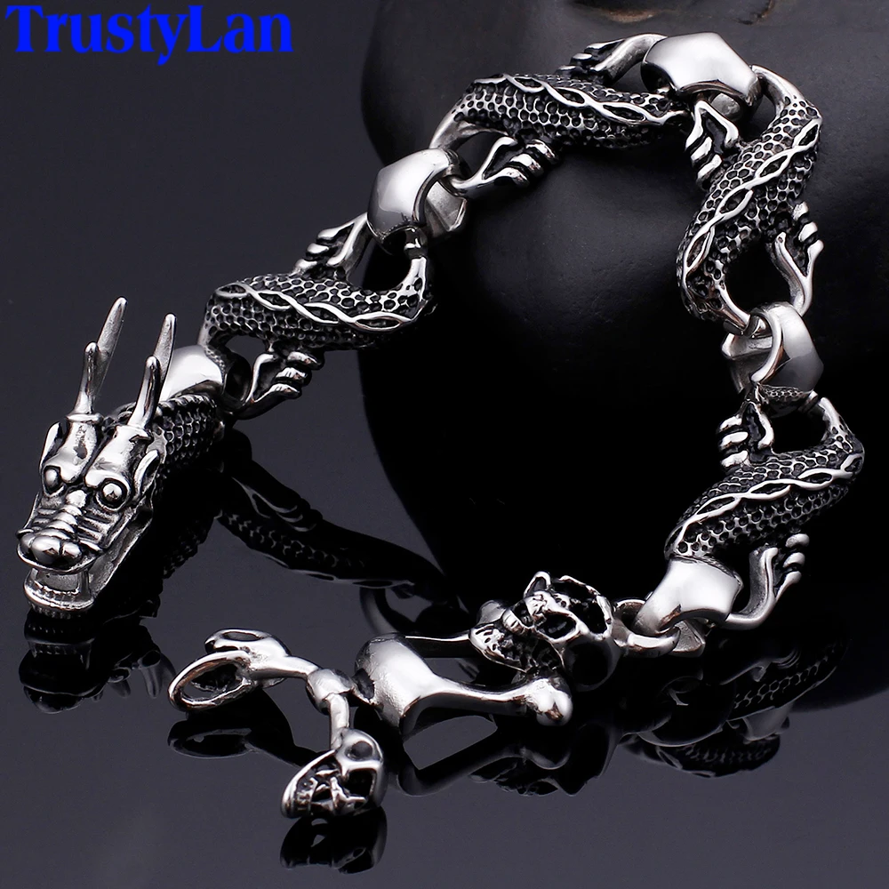 

Punk Rock Bike Jewelry Dragon Skull Ghost Head Bracelet Men Stainless Steel Mens Bracelets Best Friends Gifts For Husband Man